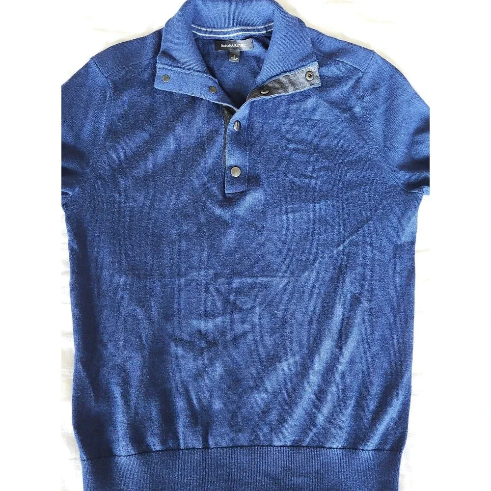 BANANA REPUBLIC Sweater Mens Small Blue Merino Wool Pullover 1/4 Mock Neck
